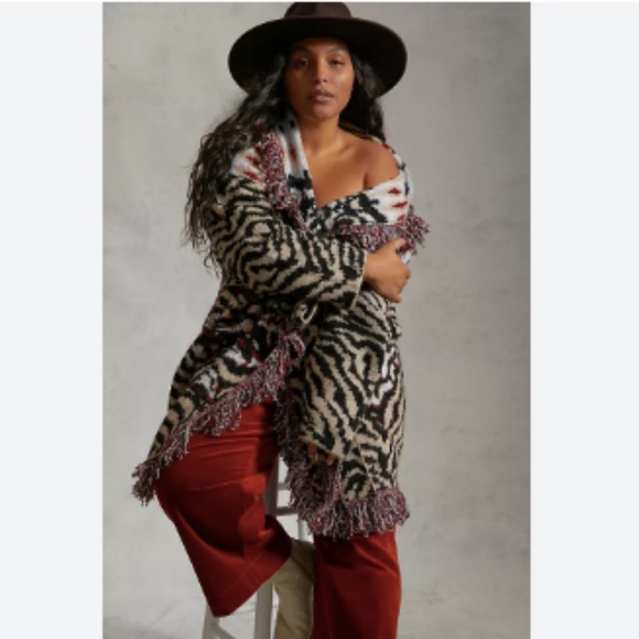 Anthropologie Paloma Fringed Cardigan Animal Print Fringe XL - Picture 3 of 15